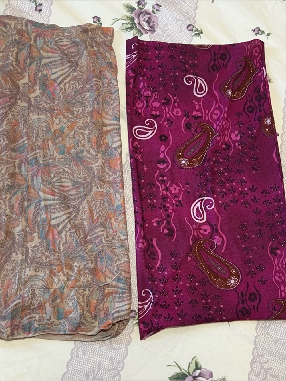 Pair of Printed Scarves/Turban - Magenta Paisley & Neutral Abstract